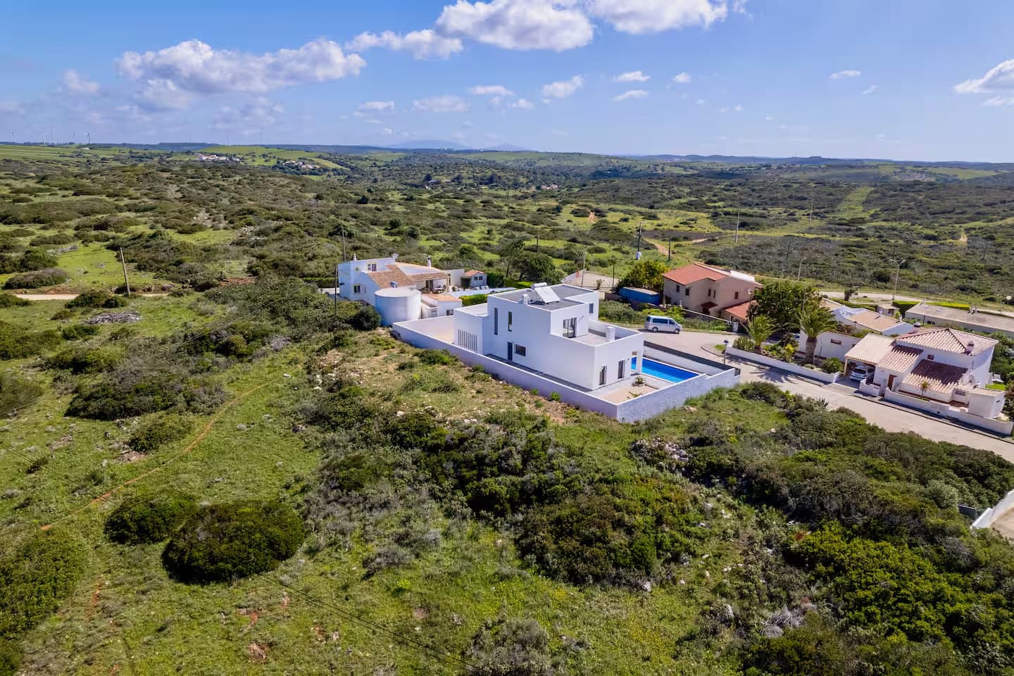 Aerial view of Villa Sonata in the landscape near Raposeira