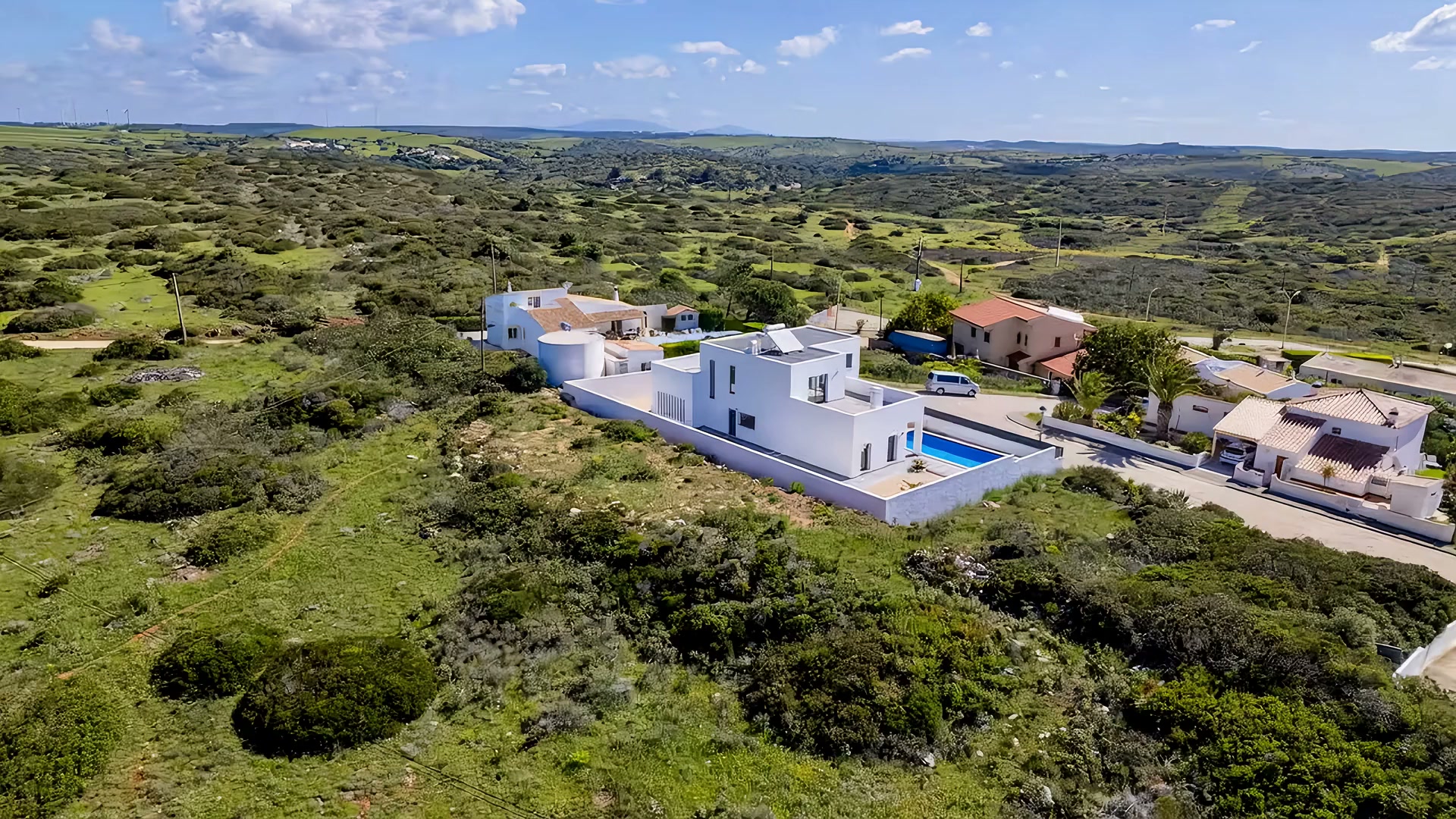 Aerial view of Villa Sonata, its pool and the Atlantic coast